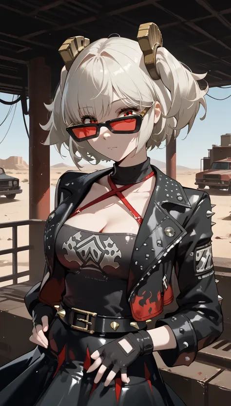  1girl,One,_ZZZ,  Short hair,  short double tails,  hair ornament,  facing the viewer , very sexy, erotica,  leans forward ,  sunglasses , on the head , desert area,  against the background of an abandoned gas station, White,  Short hair,  short double tai...