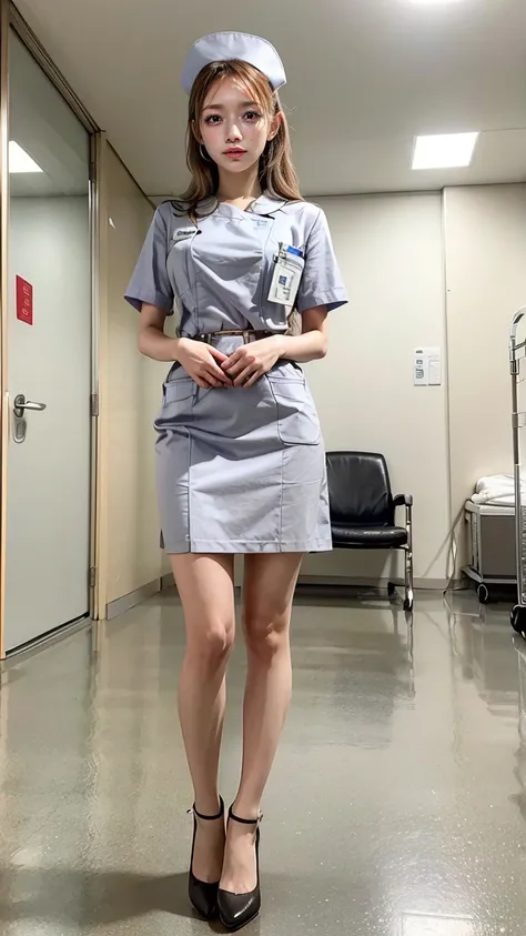 a beautiful young 24-year-old Japanese woman, beautiful, detailed anatomy, beautiful skin, random hair color and hairstyle, big breasts, nurse hat, (nurse uniform:1.3), nurse cap, (she is standing:1.2), full body shot, high heels, hospital, (best quality,8...