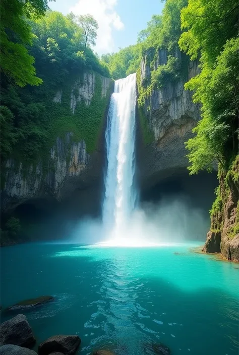 This is a high-resolution photo of a lush tropical waterfall cascading down a rocky cliff, surrounded by dense greenery. The image is split in half, with the top half showing the magnificent waterfall and the bottom half revealing the crystal clear blue wa...