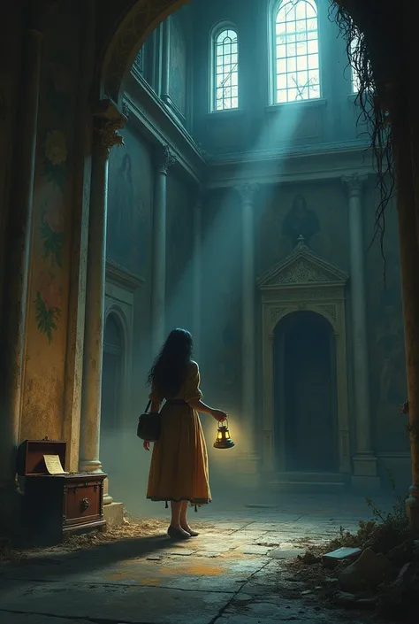 Inside a grand yet abandoned palace covered in cobwebs and dust. The room is dimly lit, with eerie light filtering through cracked windows. Naina Now wearing slightly dusty clothes, holding a lantern with a determined look.
  holding a lantern, discovers f...