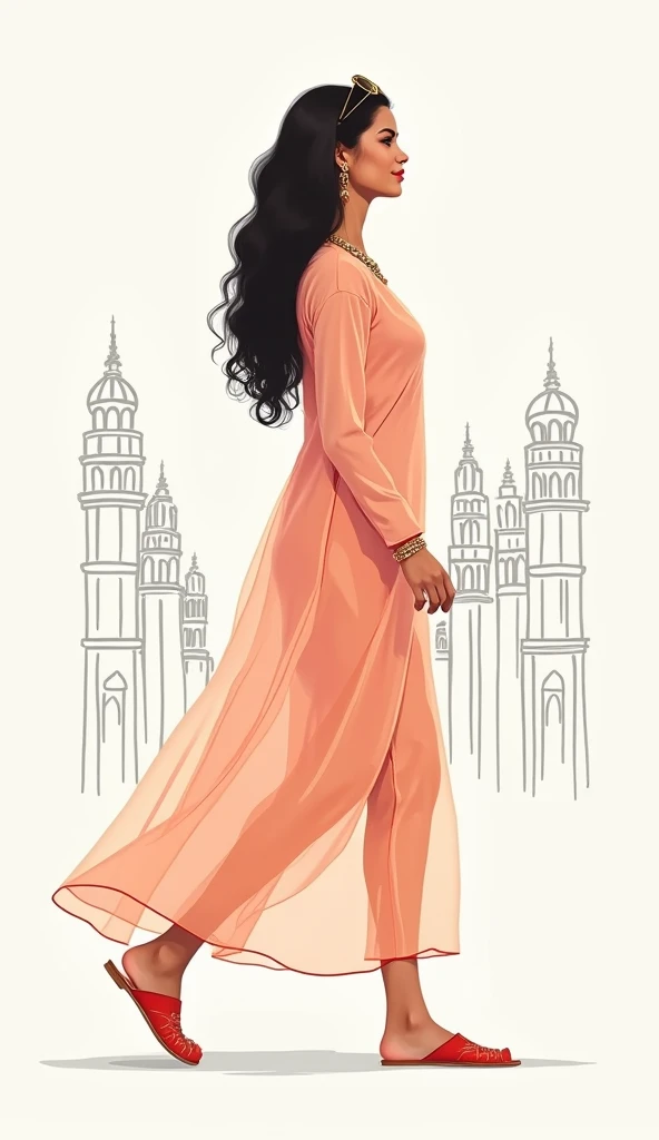 minimalist fashion illustration, side view, full body portrait of a gorgeous pakistani voluptuous very busty young woman walking, sunglasses on top of head, pakistani singer superstar, full lips, pakistani ornaments, long wide thick curly black hair, sheer...