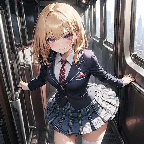 One of the high school students、 dark eyes、(Very angry face )、、 black short hair、 small breasts、 blazer、Regular necktie、 plaid mini skirt、( lift skirt :1.5), panties with ribbon ,  beautiful thighs、 white socks 、 Black Loafers 、Please get on the train 、 Ku...