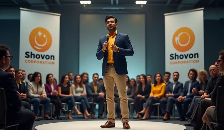 Shovon, a 32-year-old male entrepreneur with sleek black hair and a clean-shaven face, wearing a tailored navy blue blazer with a vibrant yellow shirt, slim-fit beige trousers, and polished brown leather shoes. He standing at a corporate stage with a micro...