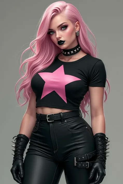 Light pink long hair ,  short sleeved black top with light pink star on it,  black lipstick , schwarze enge stretchhose,  cropped ,  spiked collar ,  high heel boots , paler skin , firm face, A bit strong ,  full body shot , thick hips  enge klamotten