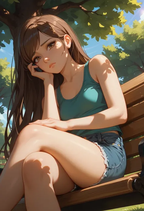 (masterpiece, best quality), sad girl, looking at phone, beautiful face, upper body, close up, brown eyes, swept bangs, brown hair, very long hair, teal tank top, jean shorts, small breasts, sitting with legs crossed, hand on face, from below, bench, willo...