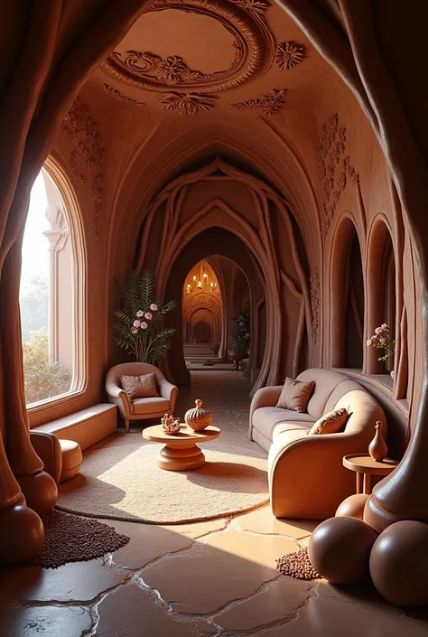 The interior of a designer house where everything is made of chocolate, unrealistic  