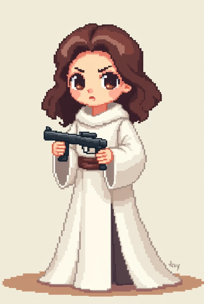 padme amidala as a pixelated character, make it cute and adorable as she holds her blaster, in her white outifit