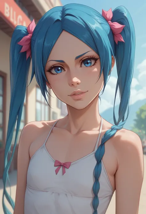 Fairy Miku (Project Voltage) with long pink and blue hair tied in pigtails. Large blue eyes. Pale skin. Loli flat chest. Casual outfit. (Bleach art style)