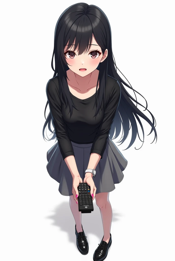 Teenage woman looking forward and black hair standing in front and her legs and wearing shiny black leather school shoes and gray knee-high socks And black leather t-shirt with long sleeves and pink nails and white watch gray skirt anime image with a remot...