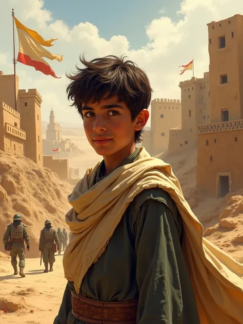 "Create a detailed painting-style illustration of young Saladin in 12th-century Tikrit. Depict him as a curious boy surrounded by the rugged landscapes of Mesopotamia, with traditional Middle Eastern architecture in the background. Show hints of political ...