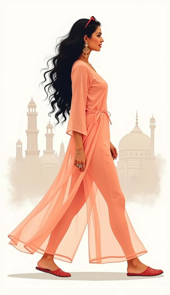 minimalist fashion illustration, side view, full body portrait of a gorgeous pakistani voluptuous very busty woman walking, sunglasses on top of head, pakistani singer superstar, full lips, pakistani ornaments, long wide thick curly black hair, sheer light...