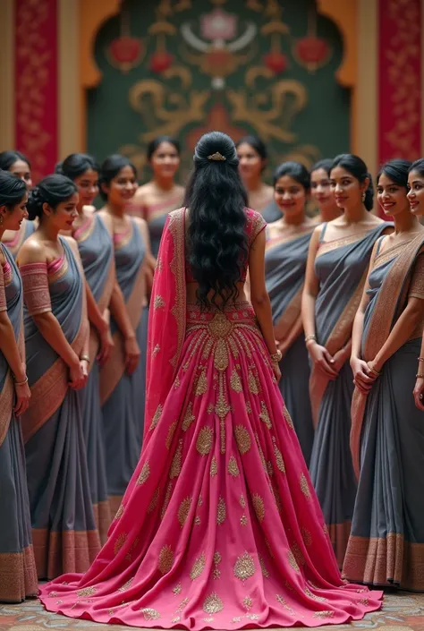 
A Indian wedding girl with dark pink colour saree with long curly hair with her fifteen bridemaids with grey saree with hair buns standing backwards