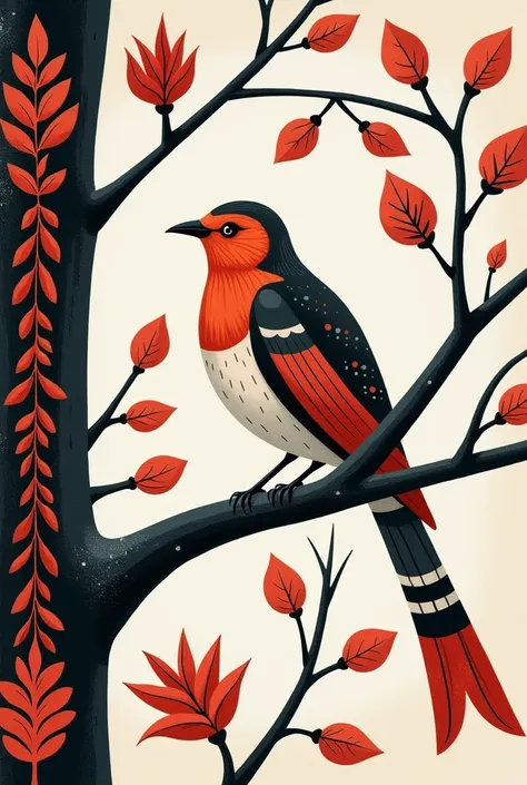 
Make a picture of a kind bird sitting on a dry winter tree with the help of Hungarian folk motifs in red and white.