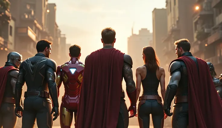 Ironman, Captain America, Black Widow, Hawkeye, Thor and Hulk) standing in a circle, back-to-back, surrounded by the invading Chitauri forces as the camera dramatically pans around them.