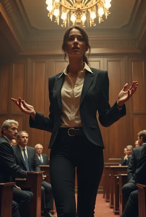  Generate a cinematic style of a attractive  Young businesswoman arguing in a courtroom ,she is wearing office formal shirt TUCKED in skintight pants and black belt , open jacket, unbuttoned suit