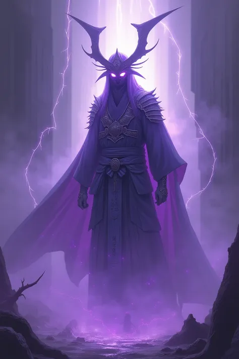 Draw a phantom samurai in yu gi oh! style in a purple fog background 