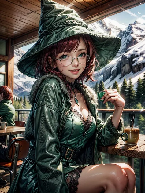 Short,  red hair ,  green eyes ,  metal-framed glasses,  green witch hat , green fur coat , smiling girl sitting in a cafe against the background of snow-capped mountains.