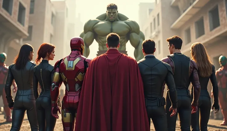 Ironman, Captain America, Black Widow, Hawkeye, Thor and Hulk) standing in a circle, back-to-back, surrounded by the invading Chitauri forces as the camera dramatically pans around them.