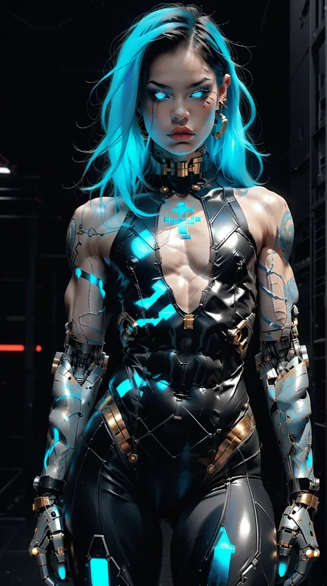 (nsfw:1), (Uncensored:1), score_9, score_8_up, score_7_up, (three quarters Shot), (1 girl), (asian), beautiful teenage (skinny) muscular goth cyborg girl, (full Cybernetic bodysuit:1.5), (black sclera:1.5), (blue glowing eyes:1.5), (blue glowing body veins...