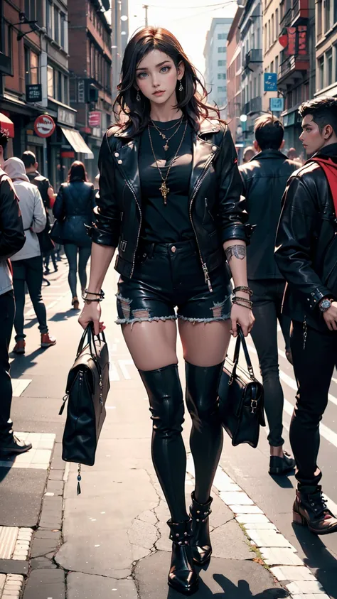 Young woman standing on the street,  blurry background, beautiful,  photorealistic、 24-year-old white woman 、 sexy proportions、 punk rock fashion 、 black shirt 、 Leather Jacket、Leather shin guards、 gorgeous makeup、 long hair、 Rosary Necklace 、Rosary Earrin...