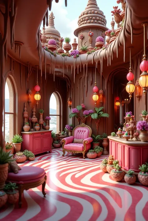 The interior of a designer house where everything is made of chocolate or candy, unrealistic  