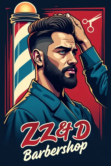 Best quality, masterpiece, ultra high res, Logo Barbershop Wall Design, Color Zip Line Lamp Red Blue White, Text Z&D BARBERSHOP, Barber Pole, Scissors, Stylish Haircut Man