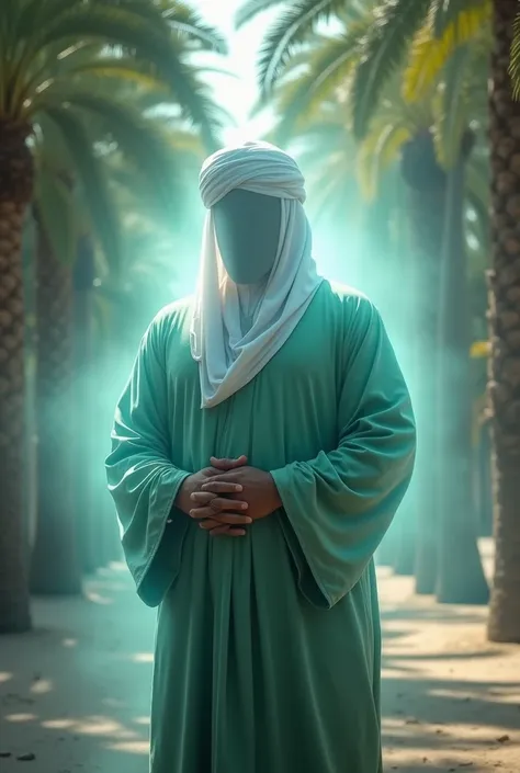 (photorealism:1.2), 1 arab man , faceless ,  just bluish bright white light, shabby green robe 6th century model , white turban, both hands holding in front of belly ,  set of date tree background , afternoon, image in zoom , cinematic