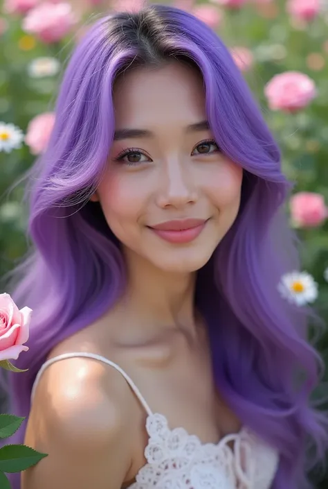 Flower Garden in Spring: A close-up portrait of a Thai woman with radiant purple hair is stunningly captured in 8K resolution using a Canon EOS R5 with a 50mm f/1.2 lens. Each detail of her face is rendered with exquisite clarity, from her smooth skin to t...