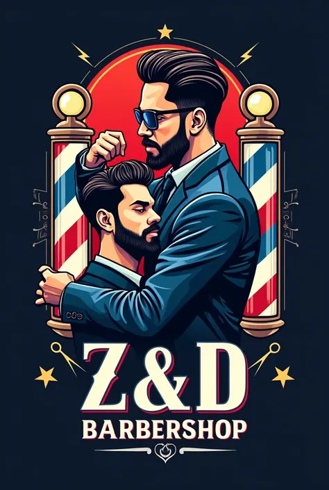 Best quality, masterpiece, ultra high res, Logo Barbershop Wall Design, Color Zip Line Lamp Red Blue White, Text Z&D BARBERSHOP, Barber Pole, Scissors, Stylish Haircut Man