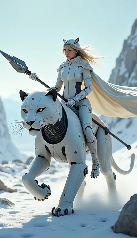 a digital illustration or a 3D render depicting a futuristic young woman beautiful face warrior, riding a robotic panther. The warrior is clad in a white, sleek suit with a helmet and a flowing cape. She is holding a futuristic spear with a digital display...