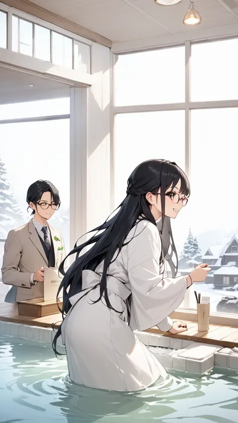 Black hair, long hair, glasses, hot spring inn, reception, check-in