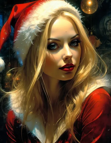 sexy curvy girl, long blonde hair, dressed as Santa Claus, smile, Christmas scene, sketch style art inspired by Bill Sienkiewicz and Dave McKean, (best quality,4k,8k,highres,masterpiece:1.2),ultra-detailed,(realistic,photorealistic,photo-realistic:1.37),in...