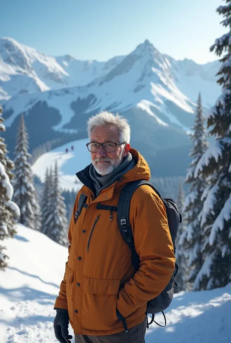 A man at a ski resort wearing eyeglasses