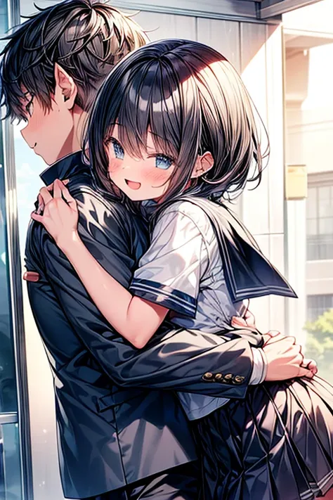 Two people in total: a boyish boy and a cute girl. The girl is hugging the boy. Happiness, love, reflecting two people Junior high school student uniform school