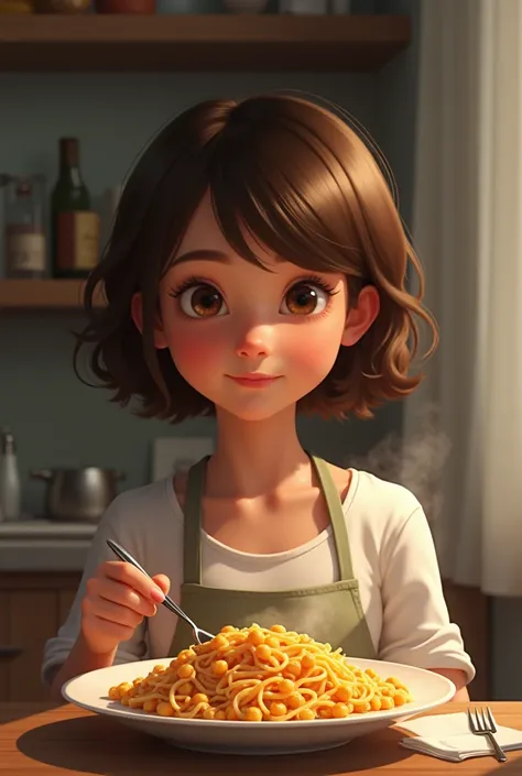 a girl named chiara with short hair and bangs eating pasta and chickpeas looking very satisfied with her meal