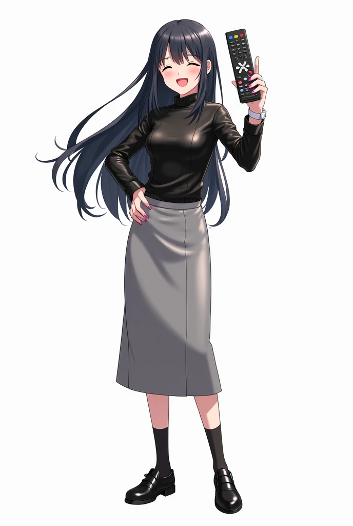 Teenage woman looking forward and black hair standing in front and her legs and wearing shiny black leather school shoes and gray knee-high socks And black leather t-shirt with long sleeves and pink nails and white watch gray skirt anime image with a remot...