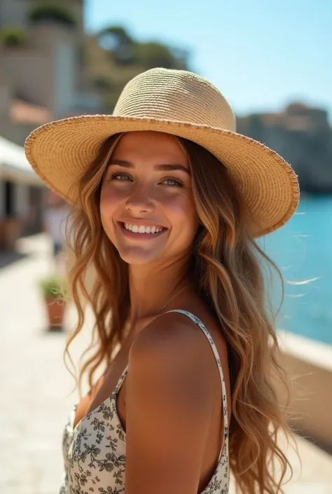 A stunning 18-year-old girl with a weathered straw hat and sun-kissed skin, her bright, sparkling eyes and enchanting smile radiating joy as she winks at the camera, her long, golden locks dancing in the gentle Mediterranean breeze, set against the breatht...