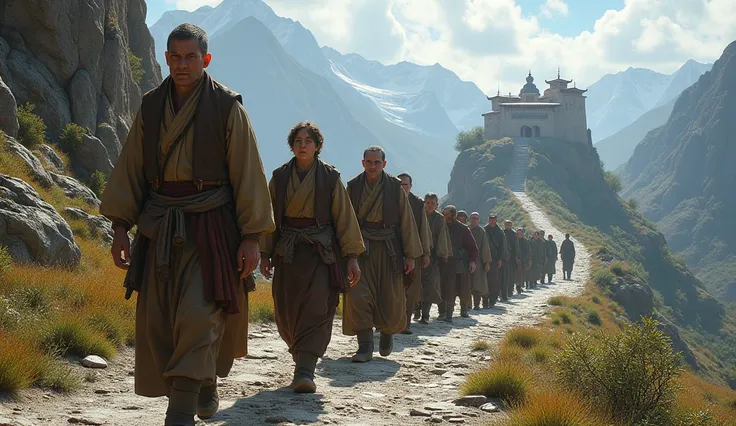 (photorealism:1.2), A group of humble villagers, including men, women, and ren, walking uphill on a rocky path toward the monastery. They look hopeful but tired from their journey.