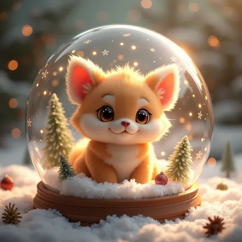 cute little fluffy creature, christmas theme, snowglobe, romantic, dreamy, reindeer, cozy