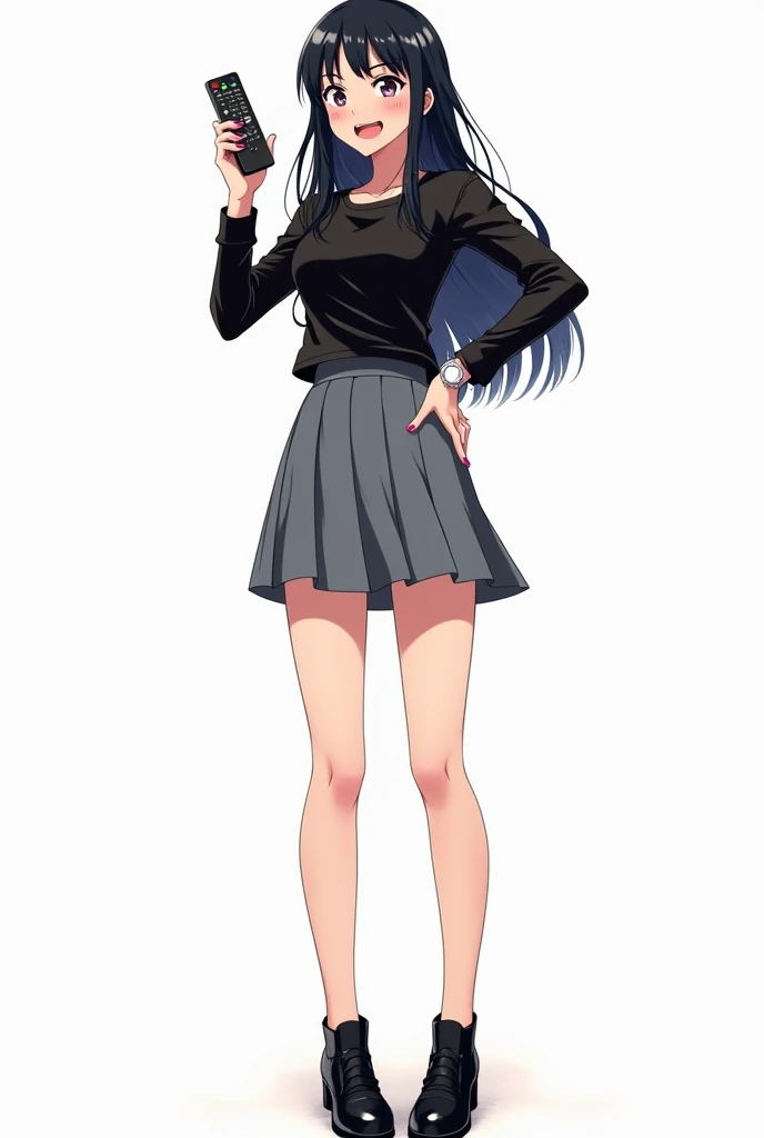 Teenage woman looking forward and black hair standing in front and her legs and wearing shiny black leather school shoes and gray knee-high socks And black leather t-shirt with long sleeves and pink nails and white watch gray skirt anime image with a remot...