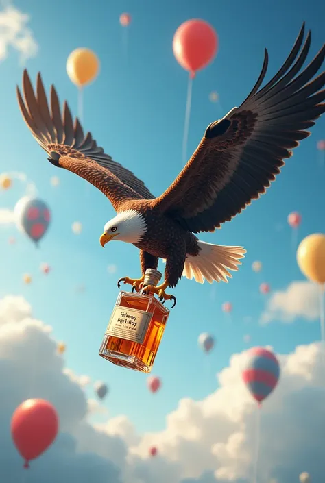  A big eagle flies through the air and in his claws he holds a whiskey bottle as gifts with the inscription Sylwek dziś Twoje urodziny. And there are balloons in the air with Sylwek dziś Twoje urodziny printed on them .