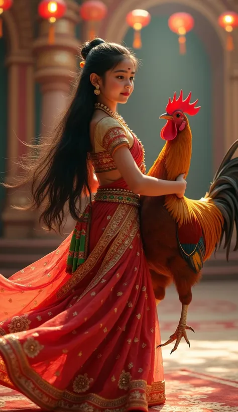 First Image Prompt (Hyper-Realistic): "A hyper-realistic image of a beautiful girl performing a traditional dance with a rooster. The girl has long, shiny black hair, delicate features, and a graceful posture, wearing an intricately detailed traditional da...