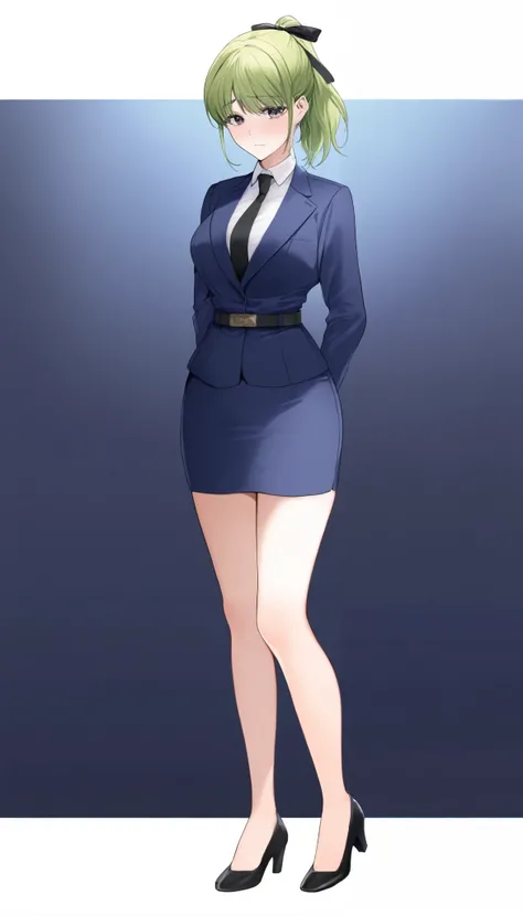 Misuke Iijima、。OL,woman、 green hair、 shorthair、 ponytail、yellow hair ribbon、 sad face、 full body style that reflects your whole body、 normal breasts、 narrow waist 、Bare legs、Standing beautifully、 in a suit、 navy blue jacket ,襟付き shirt, shirt,  black tie,be...