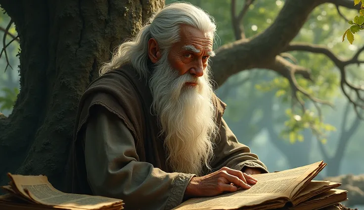 A hyper realistic potarit of a wise old sage with a long white beard and matted hair, sitting under a large banyan tree, surrounded by ancient scrolls and books, deep in thought. His face reflects wisdom and determination, with the background showing a cal...