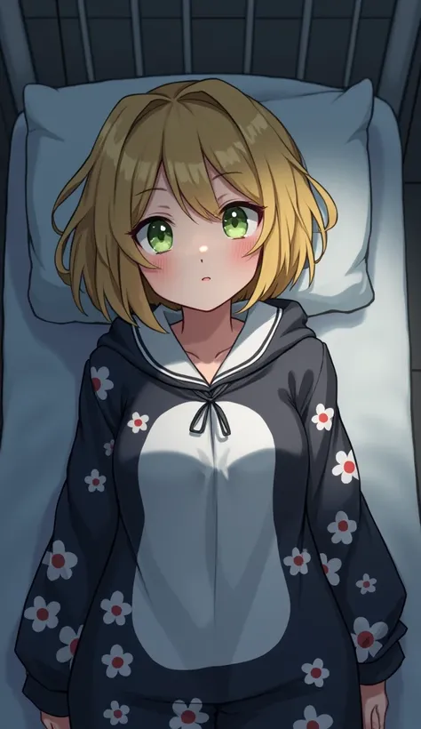  1 girl ,  Grown Ups,Dark yellow hair, hospital bed ,Baggyな服, high definition , masterpiece, accurate,  very detailed,  textured skin, reality, short hair ,Fluffy,Baggy,ren&#39;s Bras,, smaller breasts, rabbit costume pajamas , bob hair,big hood, black and...