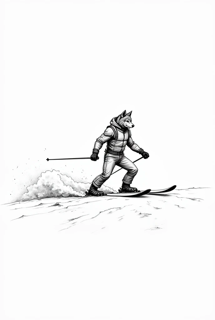 A realistic drawing outline ,  in black with thick lines and unshaded white background , of a graceful and muscular werewolf wearing a ski suit and being in the snow