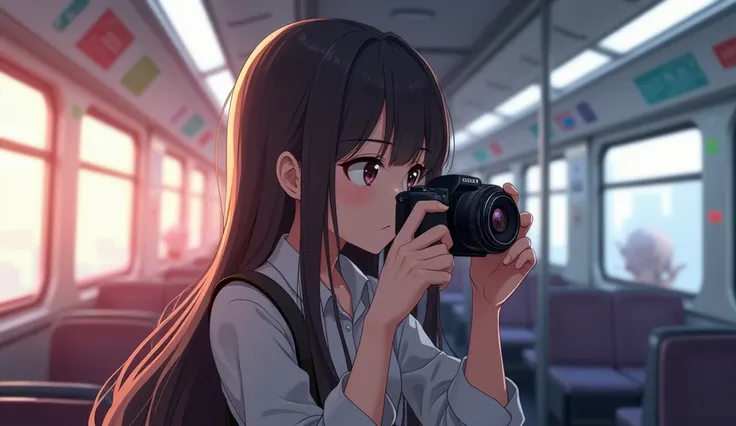 
 anime girl taking a photo with a camera on a train,  an image of Yang J , pixiv,  conceptual art, photorealistic anime, artwork in the style of guweiz, realistic - anime, guweiz,  anime style mixed with Fujifilm, anime keyframe,  Realistic 3D anime style...