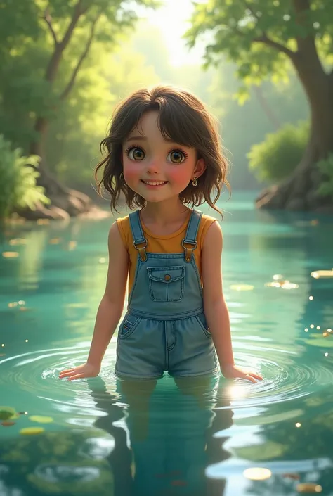 A girl wearing dungarees in water