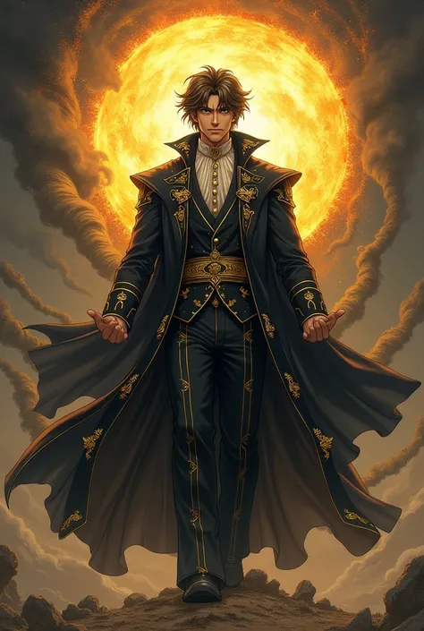 A male wizard 
Inspired by my Libra sign
With the Sun in Libra my sign 
A wizard in black and gold garments 

With a tornado 
And something inspired by the Sun

Picking up Yu-Gi-Ohs art style 