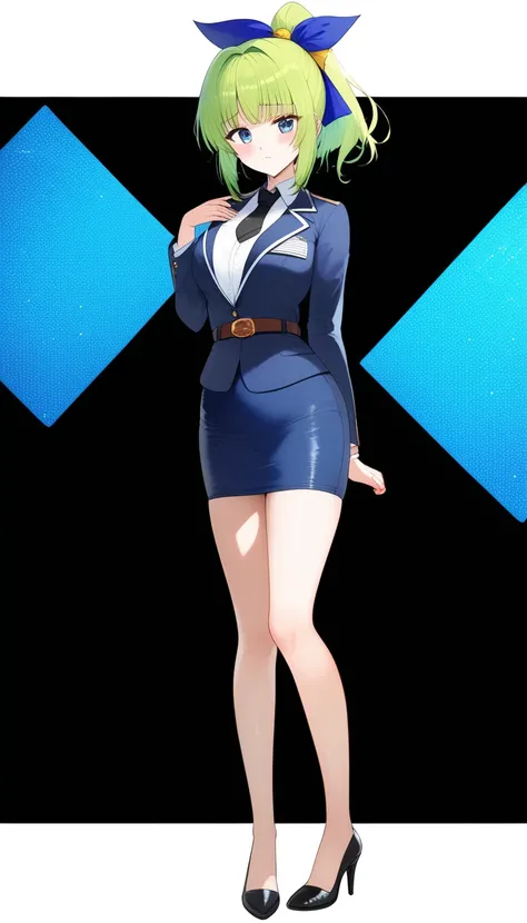 Misuke Iijima、。OL,woman、 green hair、 shorthair、 ponytail、yellow hair ribbon、 sad face、 full body style that reflects your whole body、 normal breasts、 narrow waist 、Bare legs、Standing beautifully、 in a suit、 navy blue jacket ,襟付き shirt, shirt,  black tie,be...